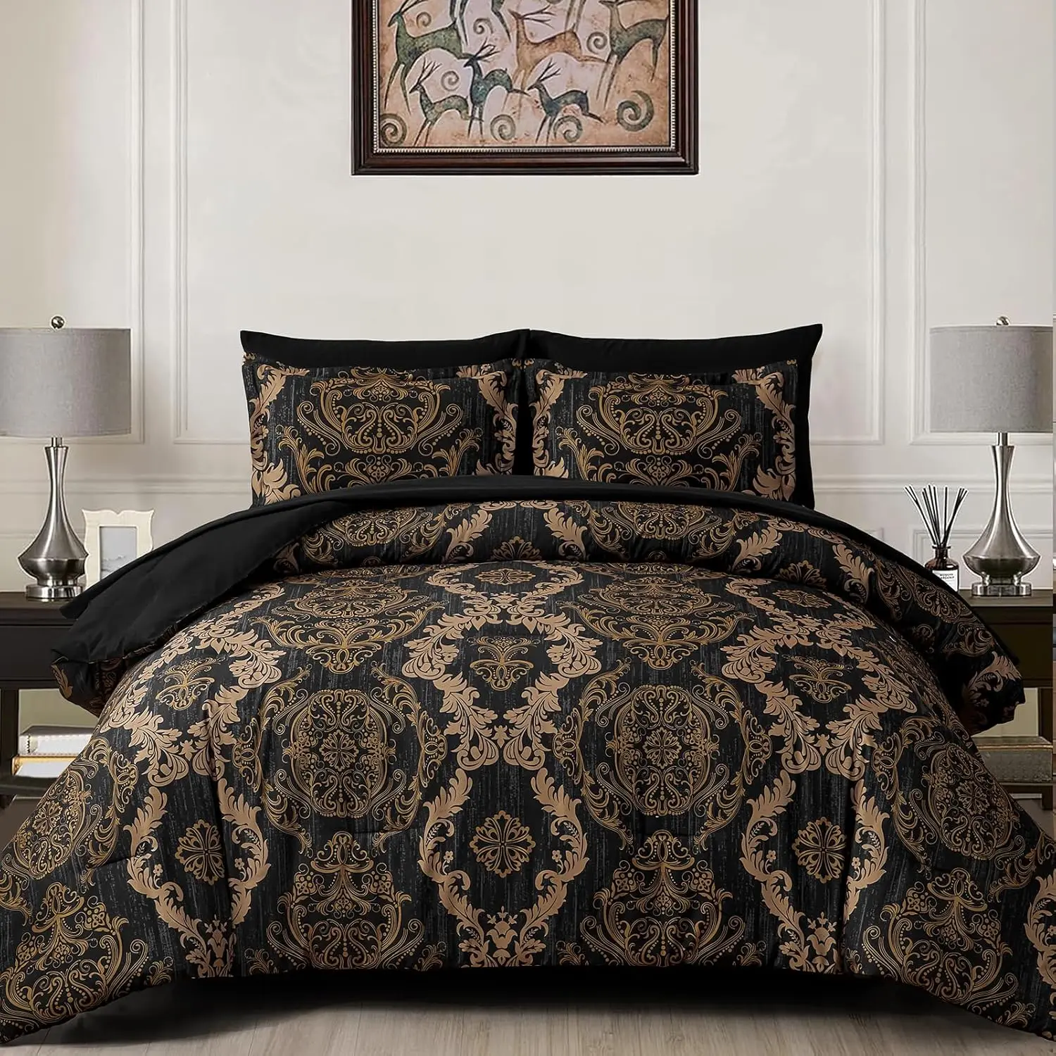 

Комплект постельного белья King Size из микрофибры с дамасским узором, черно-золотой, 7 предметов: одеяло, простыни и наволочки