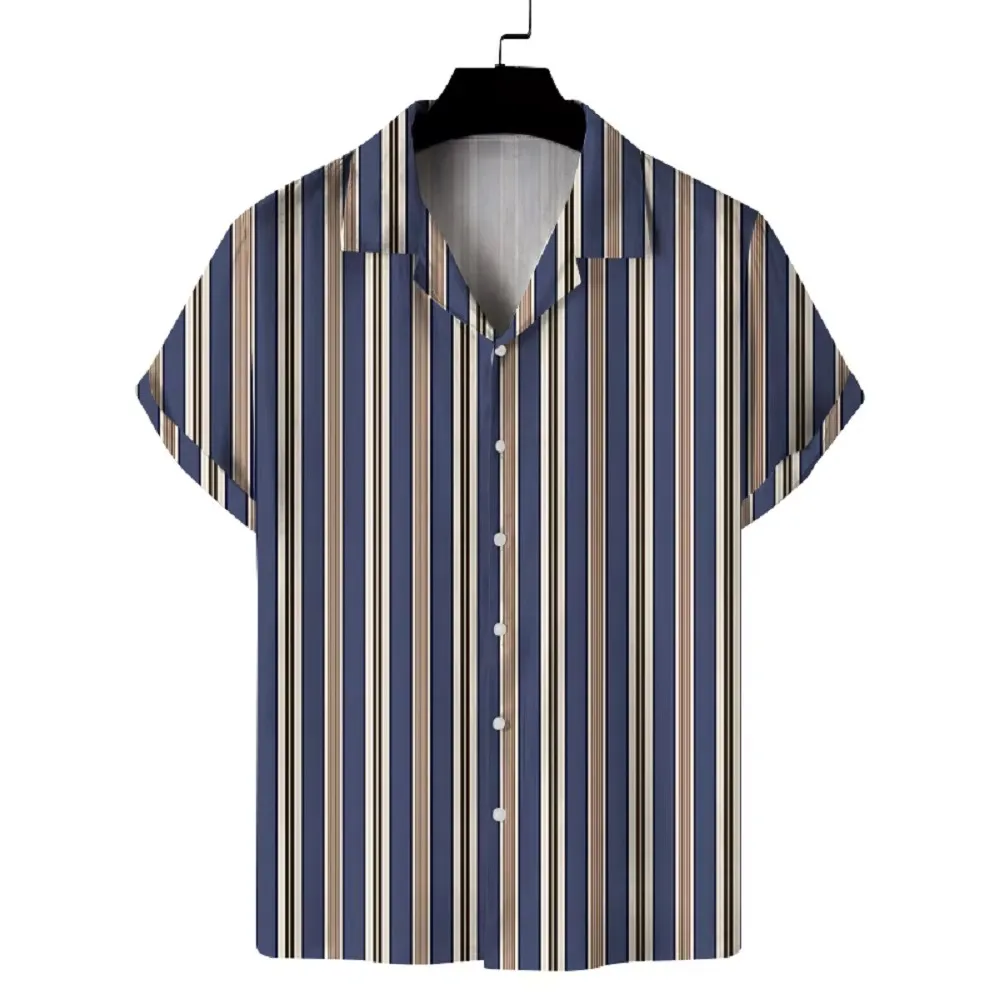 New Men's Striped Short Sleeved Lapel Shirt, Fashionable and Personalized Hawaiian Shirt, Summer Versatile Top