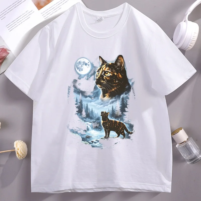 Funny Cat Howling To The Moon T Shirt Halloween Tshirt Men Women Causal Cotton Short Sleeve Round Neck Tshirts Clothing