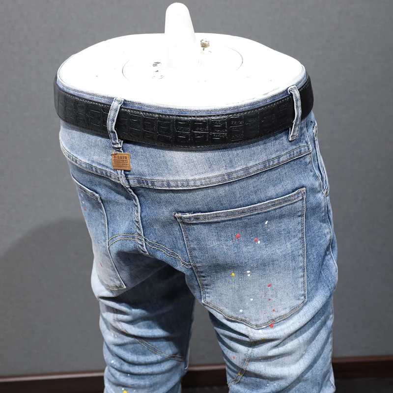 High Street Fashion Men Jeans Retro Light Blue Elastic Stretch Skinny Fit Biker Jeans Men Painted Spliced Designer Hip Hop Pants