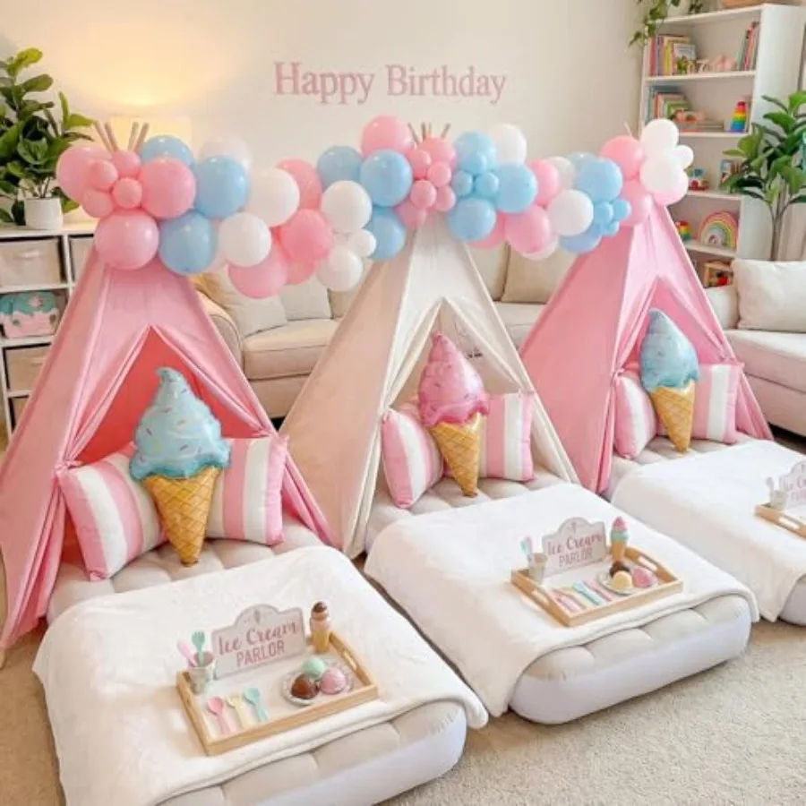 ピンク、白、ナチュラルのプレイテント、女の子、男の子への誕生日プレゼントに最適。6パックのティピーテント、インフレータブルエアベッドとライト付き、屋内使用可能。