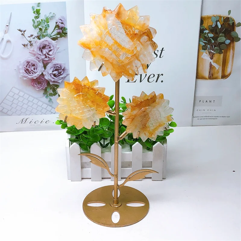 Natural Yellow Fire Quartz Hematoid Sunflower Carving Quartz Healing Crystal Stone Cute Birthday Present Home Decoration 1set