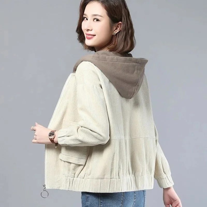 

New Autumn Winter Women Corduroy Jacket Casual Hooded Short Coat 4XL Korean Loose Long Sleeve Add Velvet Corduroy Outwear