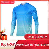 FEIYUE Men's Sun Protection Hooded Blue T-shirts UPF 50+ Long Sleeve Quick Dry Breathable Hiking Go Fishing shirts UV-Proof TOPS