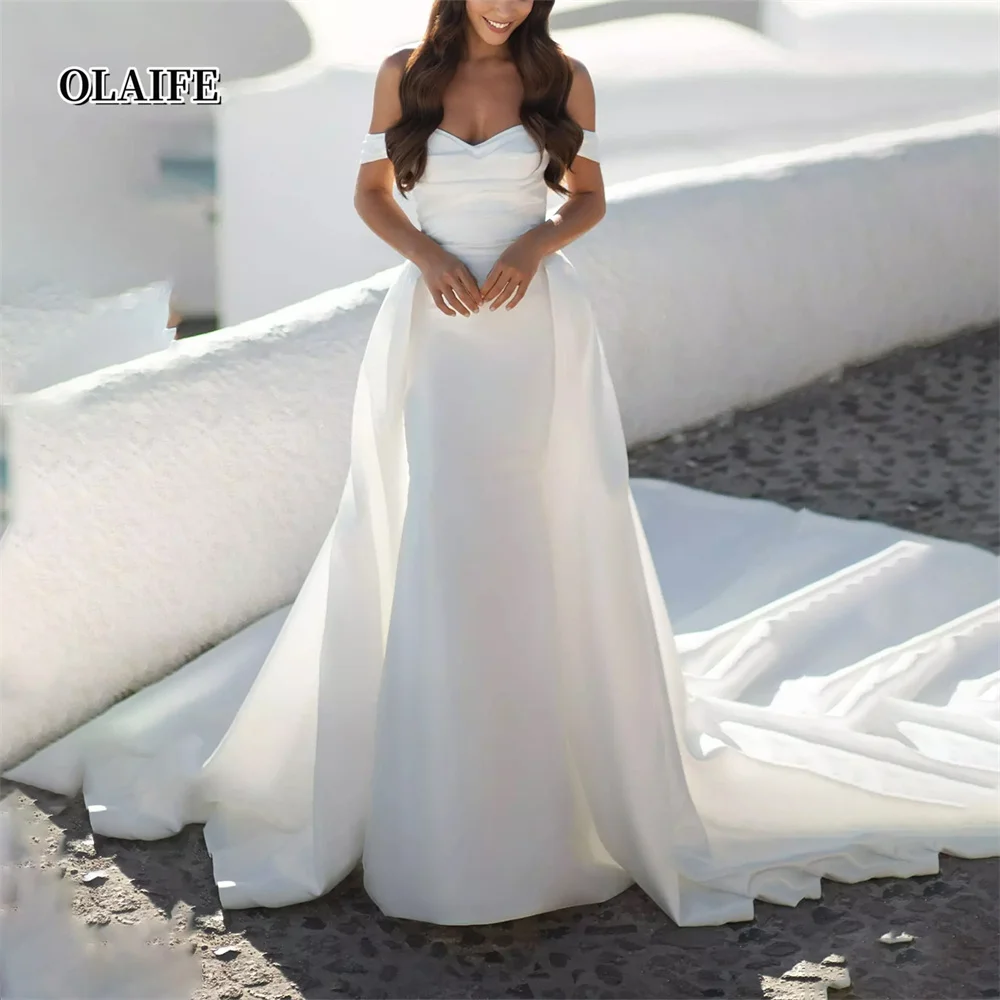 

Glamorous Mermaid Off-Shoulder Satin Wedding Dress With Train Lace-Up Bride Gown for Wedding Party Vestidos De Novia