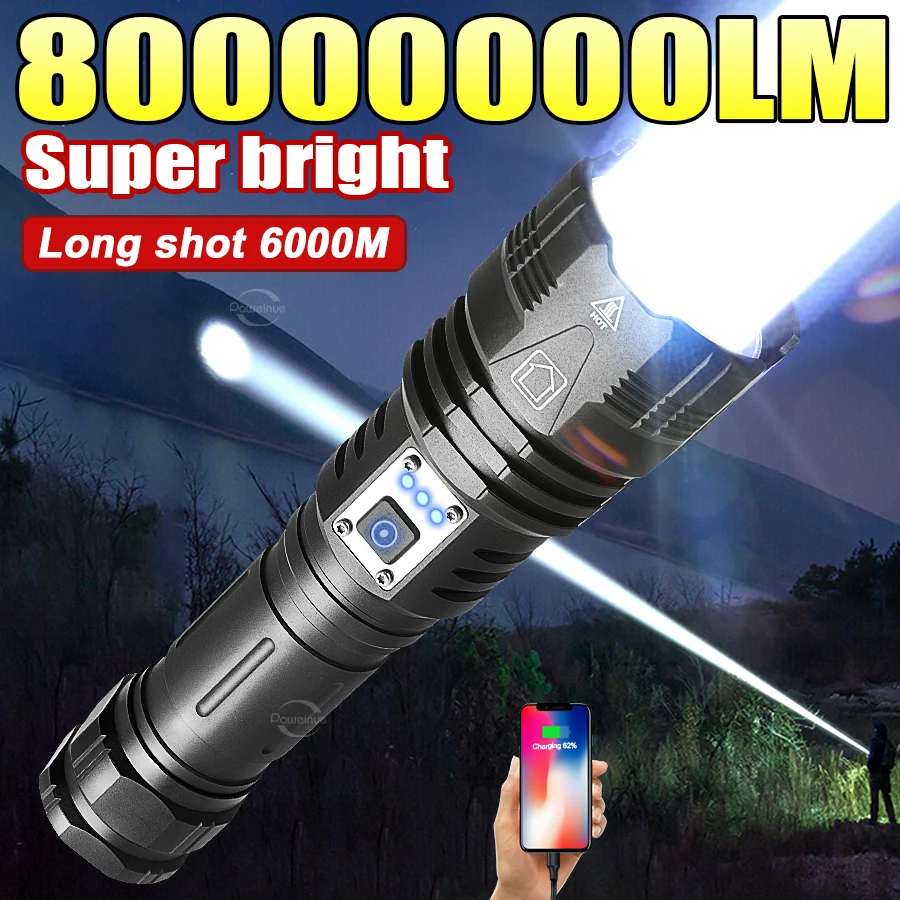 

80000000LM светодиодный фонарик высокой мощности, мощный перезаряжаемый фонарик TYPE-C, фонарик для кемпинга, пешего туризма, рыбалки, зум-фонарь