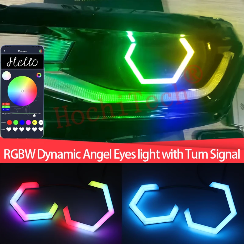 Dynamic Hexagonal LED Angel Eyes RGBW Chasing Flowing DRL with Turn Signal Halo Rings 70 80 86 90mm for Car BMW Moto Retrofit