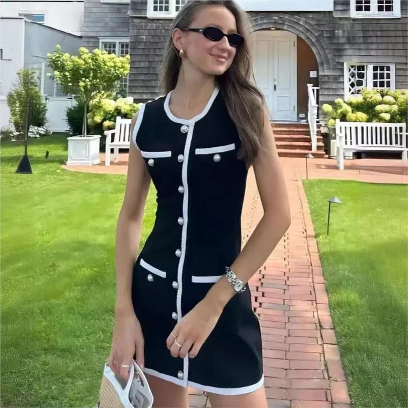 

Sleeveless Patchwork Elegant Mini Dress Women's Knitted High Waist Pocket Contrast Color Cardigan Dress Knitted Fashion Dress