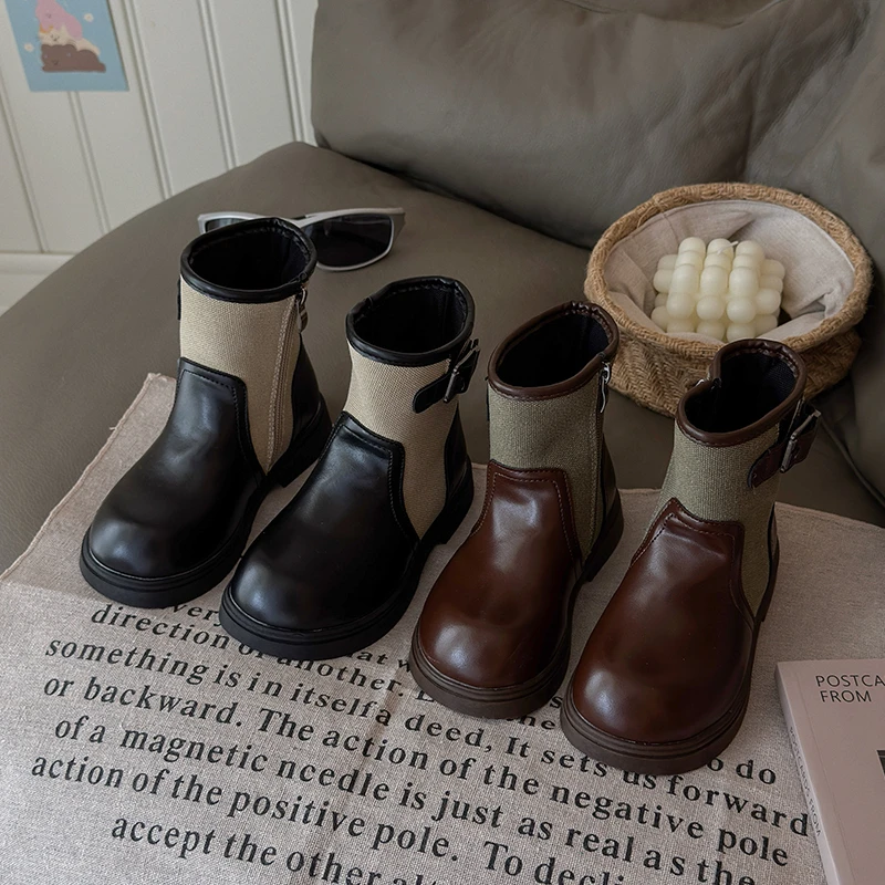 Toddler Girls Spliced Fabric Ankle Boots Side Zipper Buckle Decor Non‑Slip Thick Sole Short Boots For Autumn Daily Wear