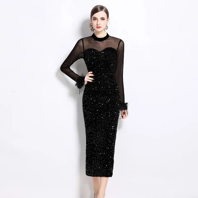 New Luxury Niche Premium Mesh Splicing Sequin Sexy Slim-fit Party Women Dress