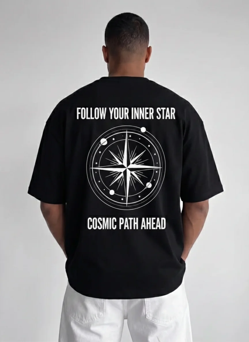 

Black Compass Graphic Tee with White Celestial Star Print and Slogan "Follow Your Inner Star Cosmic Path Ahead" Printed Tee
