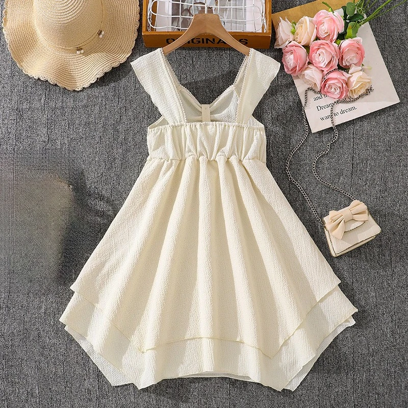 Girls Dress 2026 Spring Summer New European American Style Spaghetti Strap Lace Trim Irregular Hem Party Dress