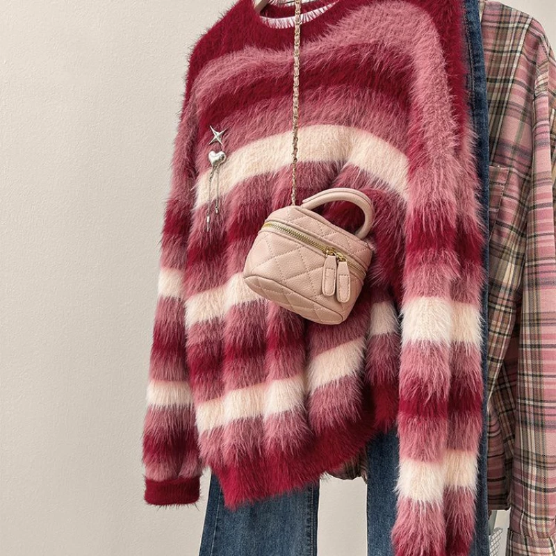 

Популярный красивый свитер для женщин, свитер из мохера ротен томатного цвета для женщин, новая полосатая верхняя куртка