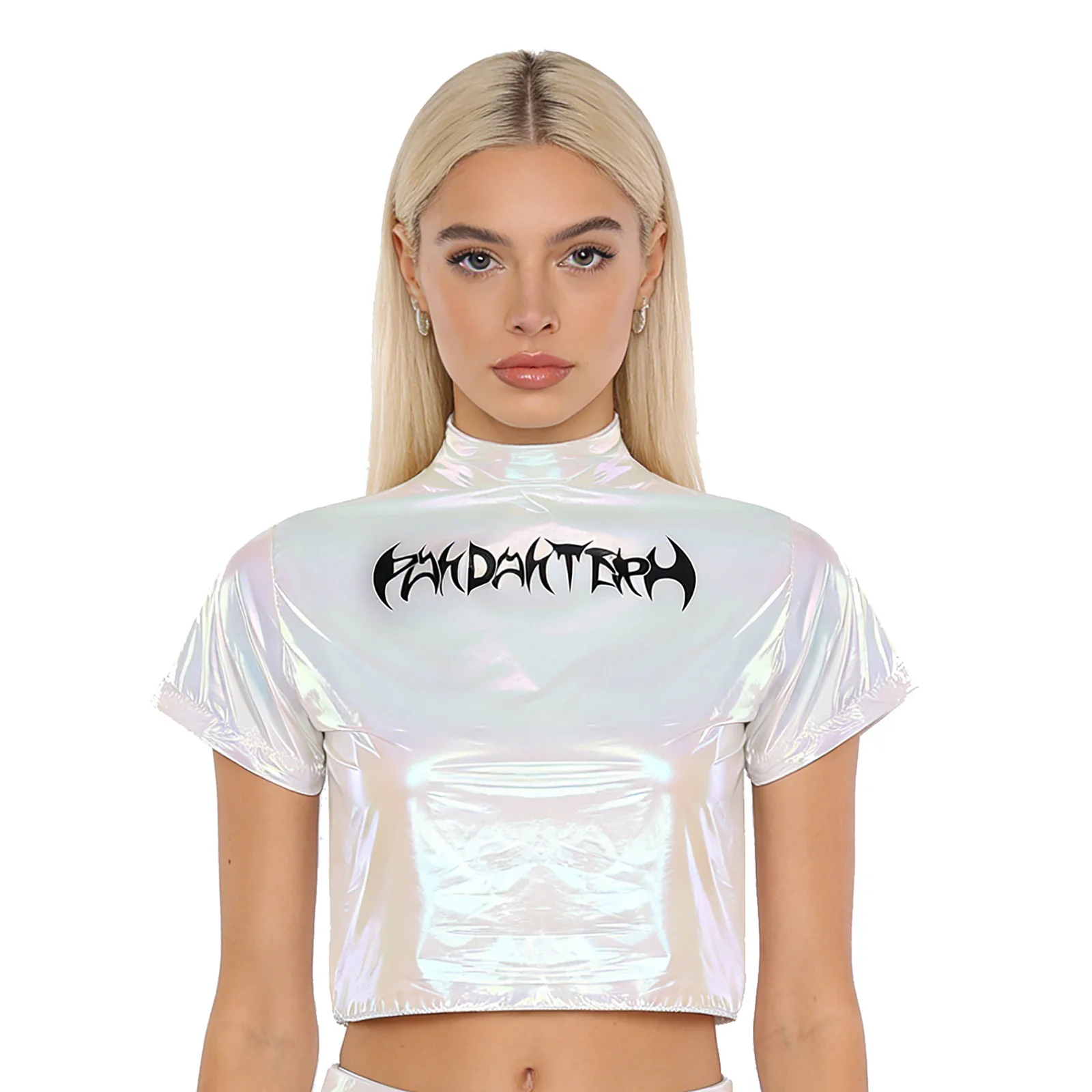 

Women Short Sleeve Zipper Metallic Shiny Punk Style Crop Top Hip Hop Jazz Street Dance T-shirt for Halloween Carnival Party