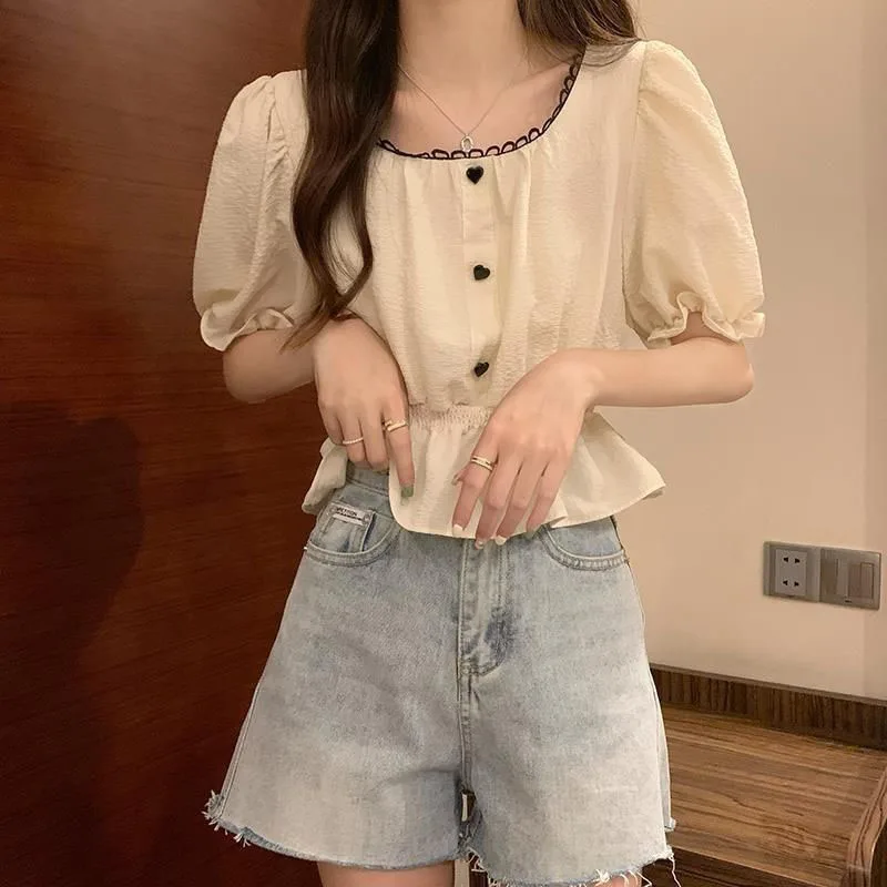 Xpqbb Summer Puff Sleeve Chiffon Shirt Women Sweet Cute Ruffles Waist-Tight Crop Tops Female Casual All-match White T-shirts