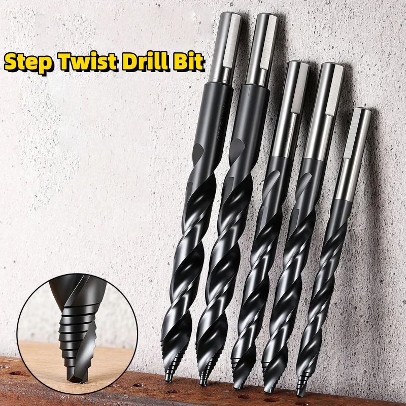Tower-shaped extended hand drill twist drill bit, round shank double helix M35 stepped twist drill bit