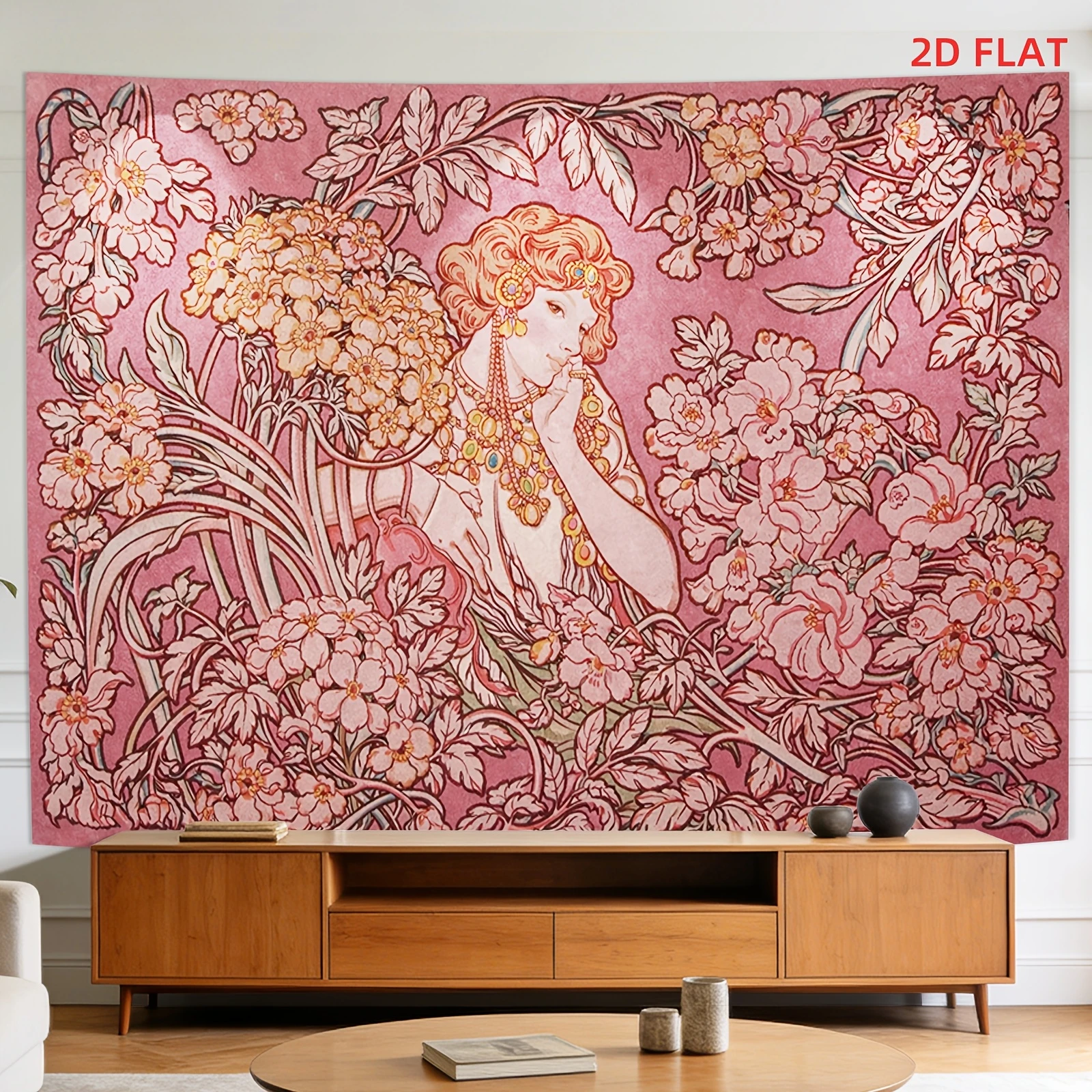 Luxurious Pink Floral Tapestry Wall Hanging Renaissance Art Woman Portrait Boho Bedroom Decor Large Tapestry
