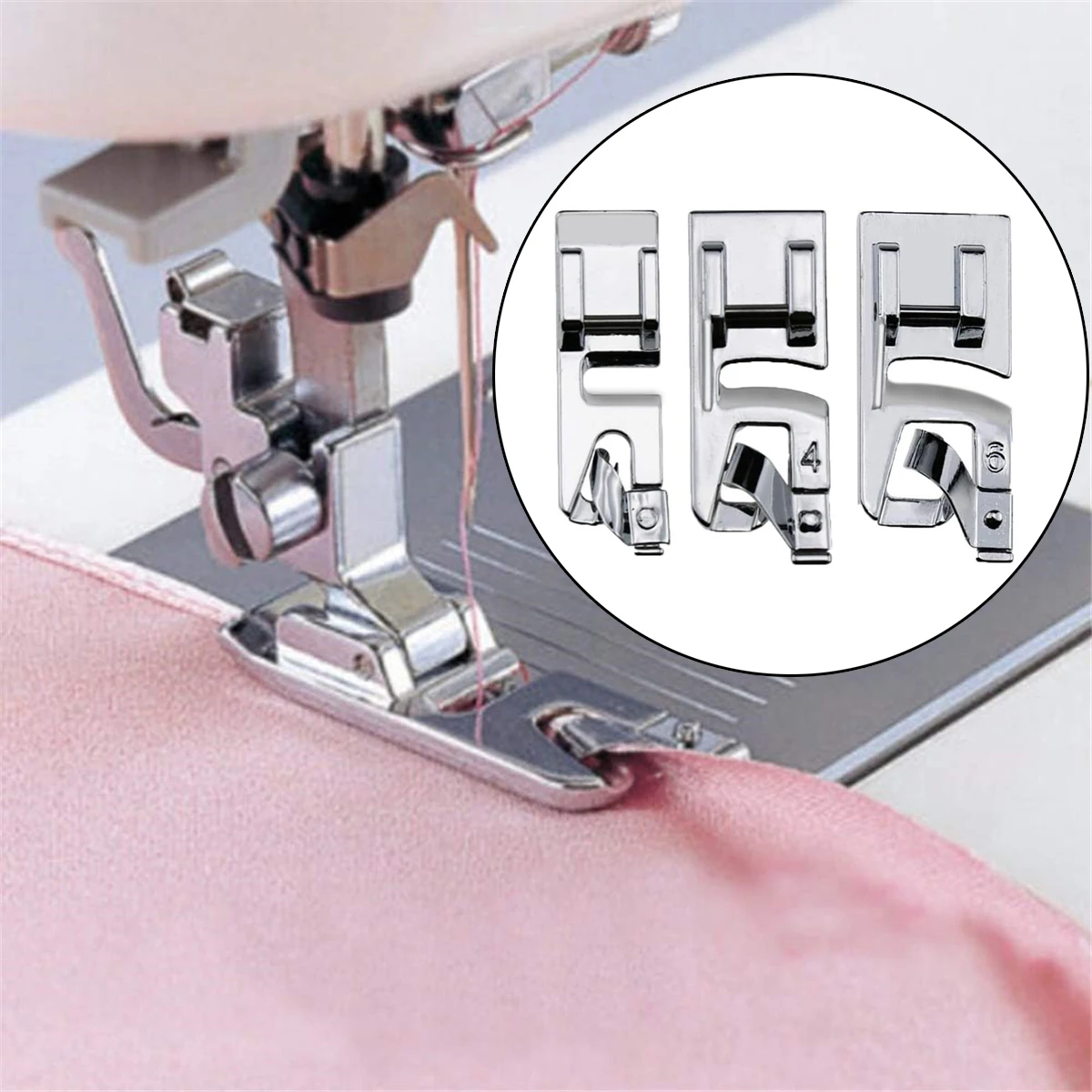 3Pcs Sewing Machine Presser Foot Set 3mm, 4mm 6mm Narrow Rolled Hem Presser Foot for Singer, Brother, Babylock, Euro-Pro, Janome