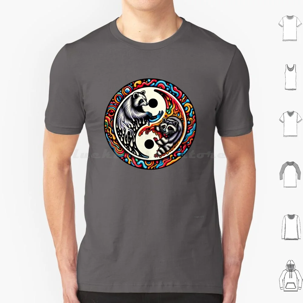 Racoon Roundabout T Shirt Big Size 100% Cotton Racoon Day Night Fire Water Yin Yang Colorful