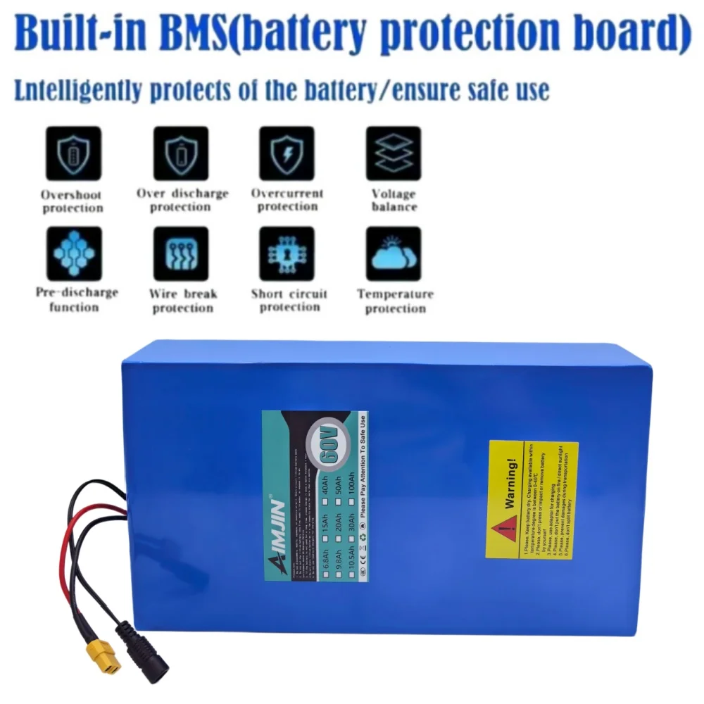 60V 30Ah High-Power Lithium Battery for Motorcycle Scooter 16S8P 3000W 67.2V with Built-in Battery Management System (BMS)