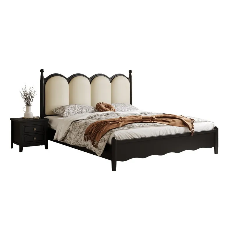 

French retro solid wood bed, medieval master bedroom 1.5m double bed, modern simple light luxury black leather soft bag