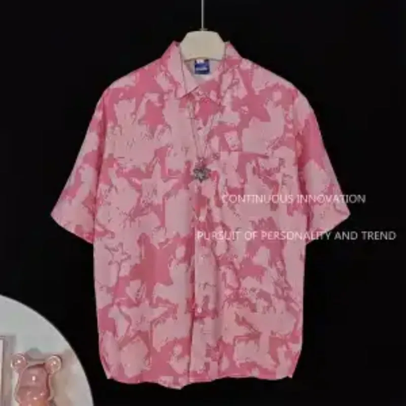 

Мужская рубашка с коротким рукавом в гонконгском стиле с ретро-принтом звезд, оверсайз, повседневная летняя модель