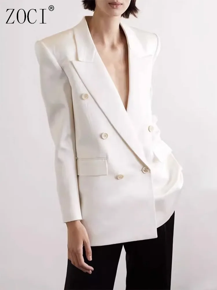 

ZOCI Fashion Women's Blazer Minimalist Double Breasted Design Satin Shoulder Padded Long Sleeve Suit Office Lady 2025 Spring New