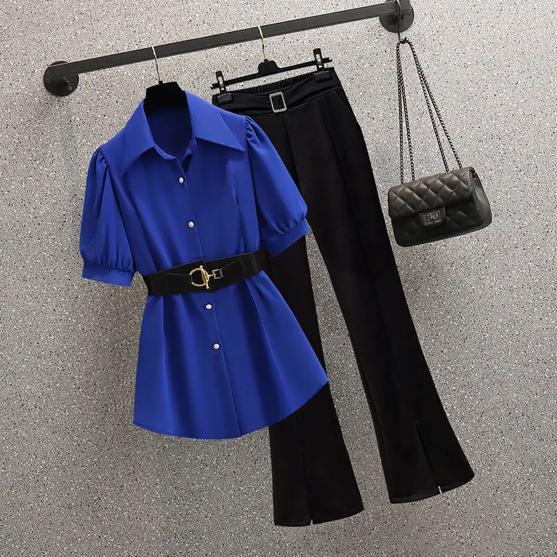 2022 Large Summer Korean Style Fashion Lapel Medium Length Shirt Casual Micro Flare Pants Two Piece Sets Womens Outifits