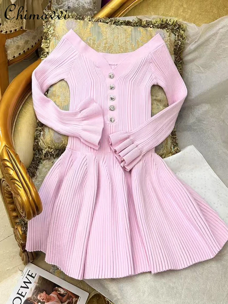 

Spring and Summer New Fashion Pink Slim Elegant Knitted Dress High-end Diamond Buckle Shoulder Sexy Luxury Short Party Dress