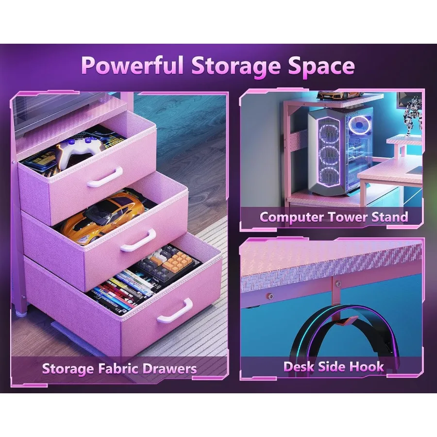 مكتب ألعاب قابل للعكس مقاس 59 بوصة مع منافذ شحن USB وإضاءة LED للمكتب المنزلي الحديث أو غرفة الترفيه تتضمن S