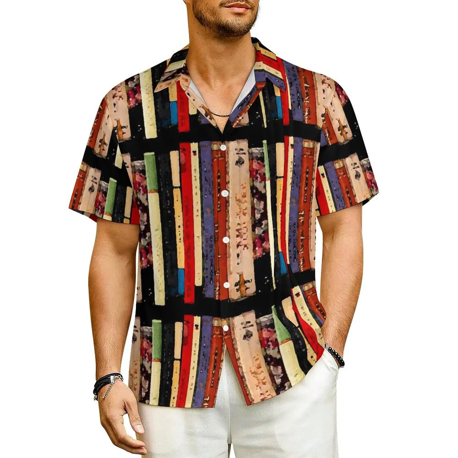 

Hawaiian Shirt Vacation Library Books Blouses Abstract Print Novelty Casual Shirts Male Short-Sleeve Street Plus Size Clothing