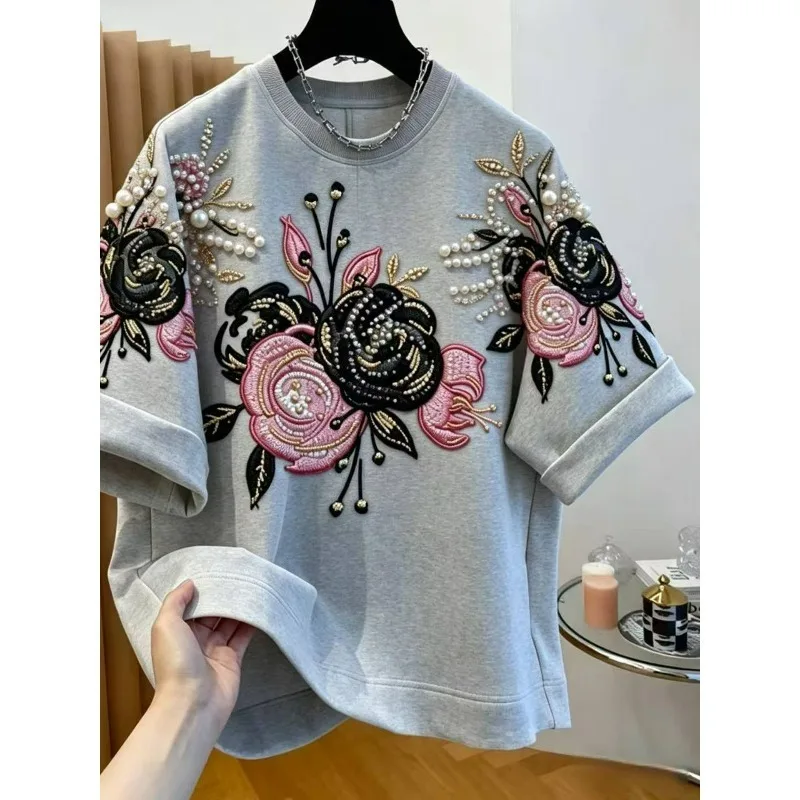This Is A Must-have Short-sleeved T-shirt Summer Suitable for Both Men Women Comes Large Size Beaded Embroidery Loose Round Neck