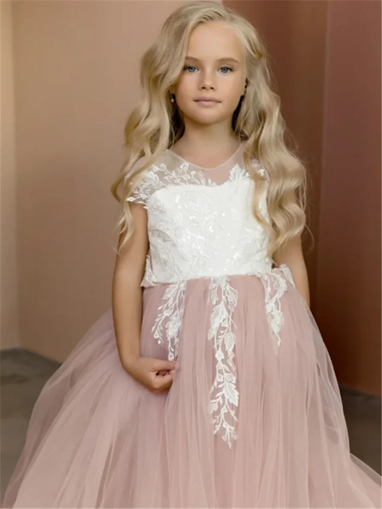 Vestido de princesa de manga curta para meninas, lindo laço de tule, estampado flores, primeira comunhão, aniversário surpresa, baile