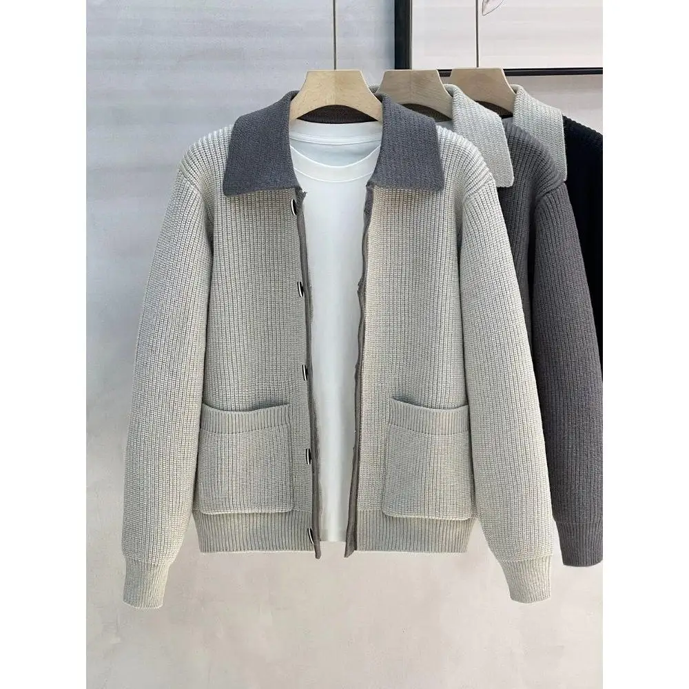 

Осенний новый мужской повседневный вязаный открытый кардиган, свитер с откидным воротником, цветная блузка из полиэстера, длинный све, базовый крой