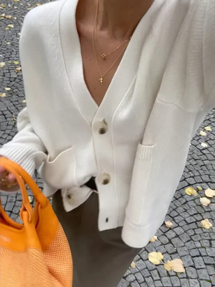 Moda feminina sólida único breasted malha cardigan elegante decote em v mangas compridas camisola outono chique senhora viajando rua wear
