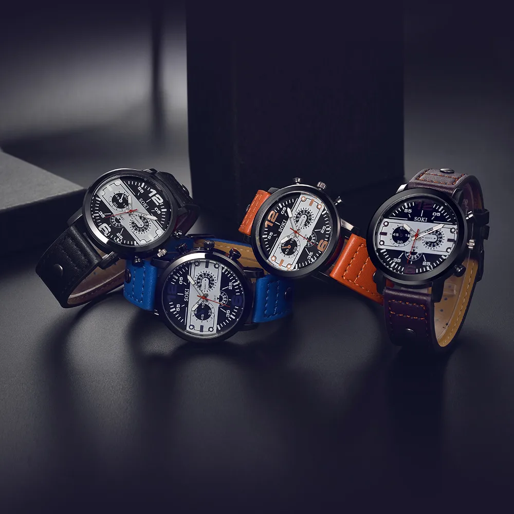 Sleek Men’s Watch Chic Brown Leather Band Quartz Watch Modern Black White Orange Three Eye Contrast Color Chronograph Wristwatch