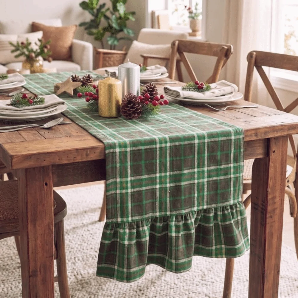 Double Ended Lotus Leaf Edge Christmas Table Runner Washable Checkered Plaid Table Runner Vintage Rustic Style
