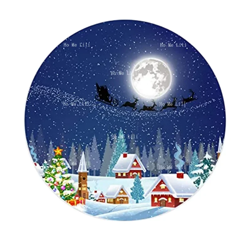 Winter Snowman Christmas Santa Claus Sleigh Moon Gift Snow Stars Holiday Tablecloth Round