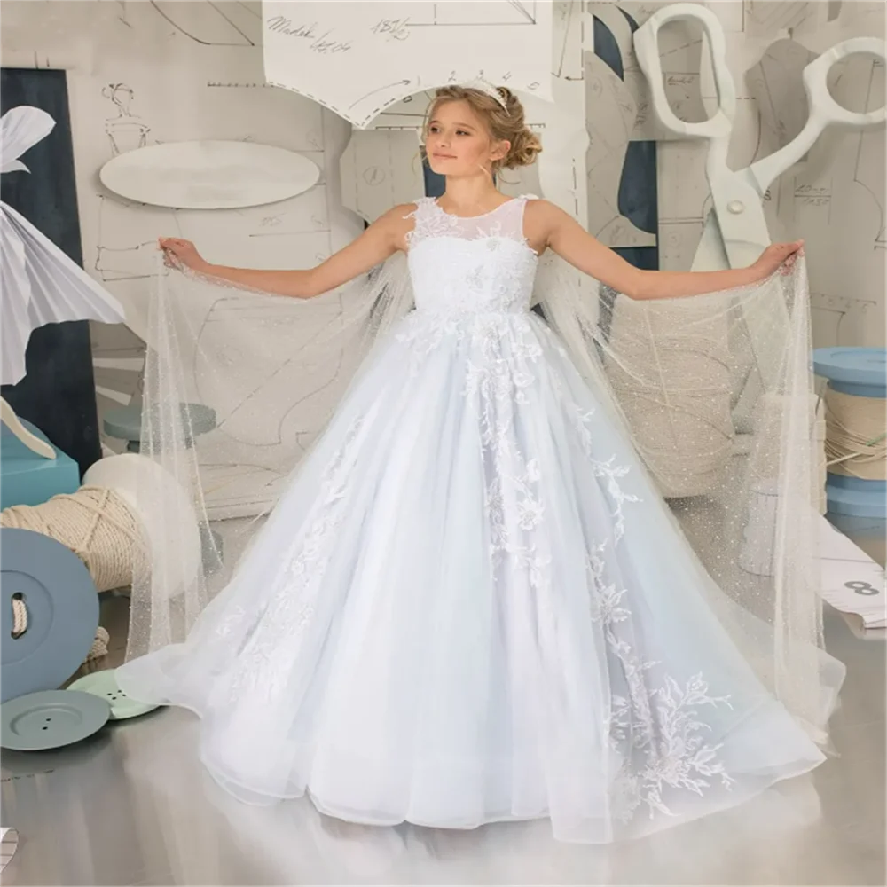 Abiti da ragazza di fiori di Tulle bianco Applique di pizzo da sposa Donsig Princess First eucarthday Party Dress Kid Pasmaak Gift