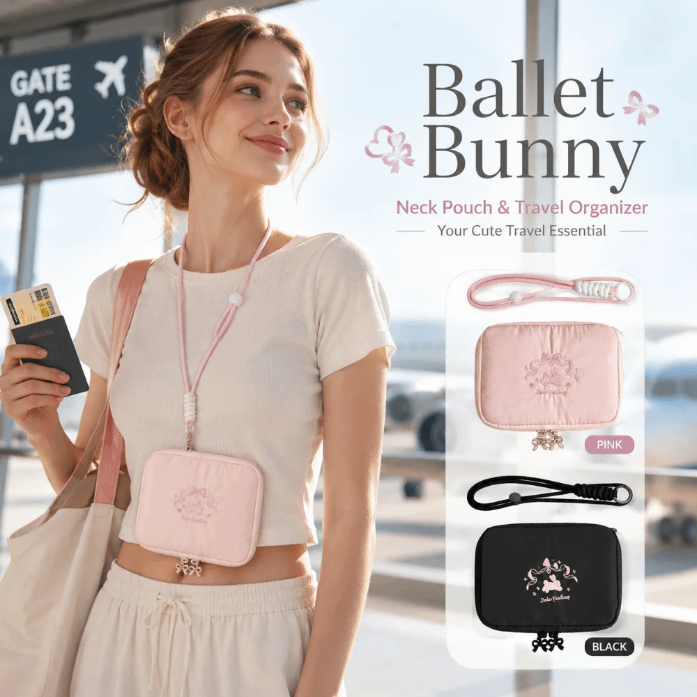 Bolsa de Viaje Portátil para Colgar en el Cuello, Organizador de Tarjetas de Malla con Diseño de Conejo Ballet, Porta Pasaportes Ligero para Cosméticos