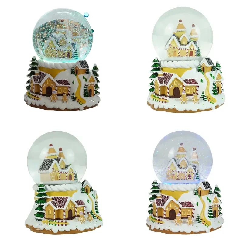 Christmas Gingerbread House Snowman Scene Arrangement Children Gifts Crystal Ball Ornament with Lights and Music