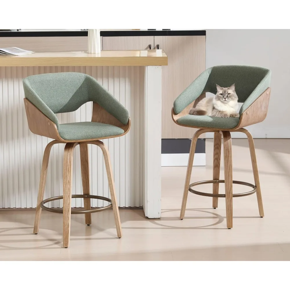 

26 Inch Swivel Bar Stools with Back Set of 2, Green Linen Upholstered Counter Height Barstools with Solid Bentwood Frame, Round