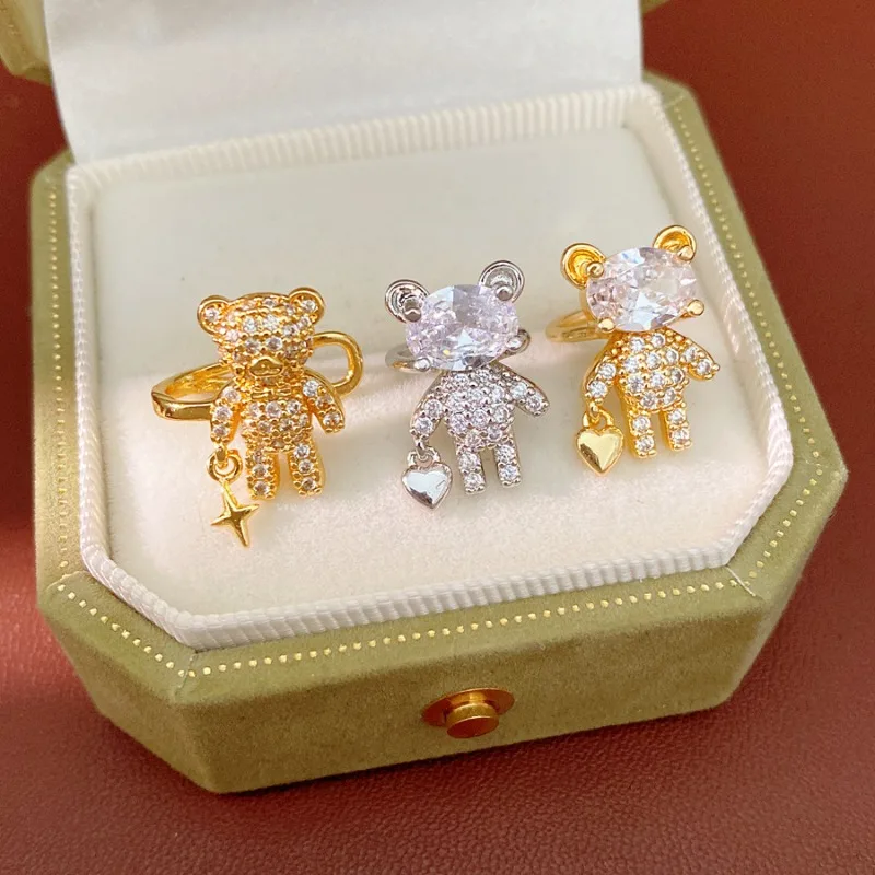 

925 Silver Needle Zircon Bear Ear Cuff No Piercing Cute Star Heart Pendant Ear Clip Minimalist Daily Jewelry