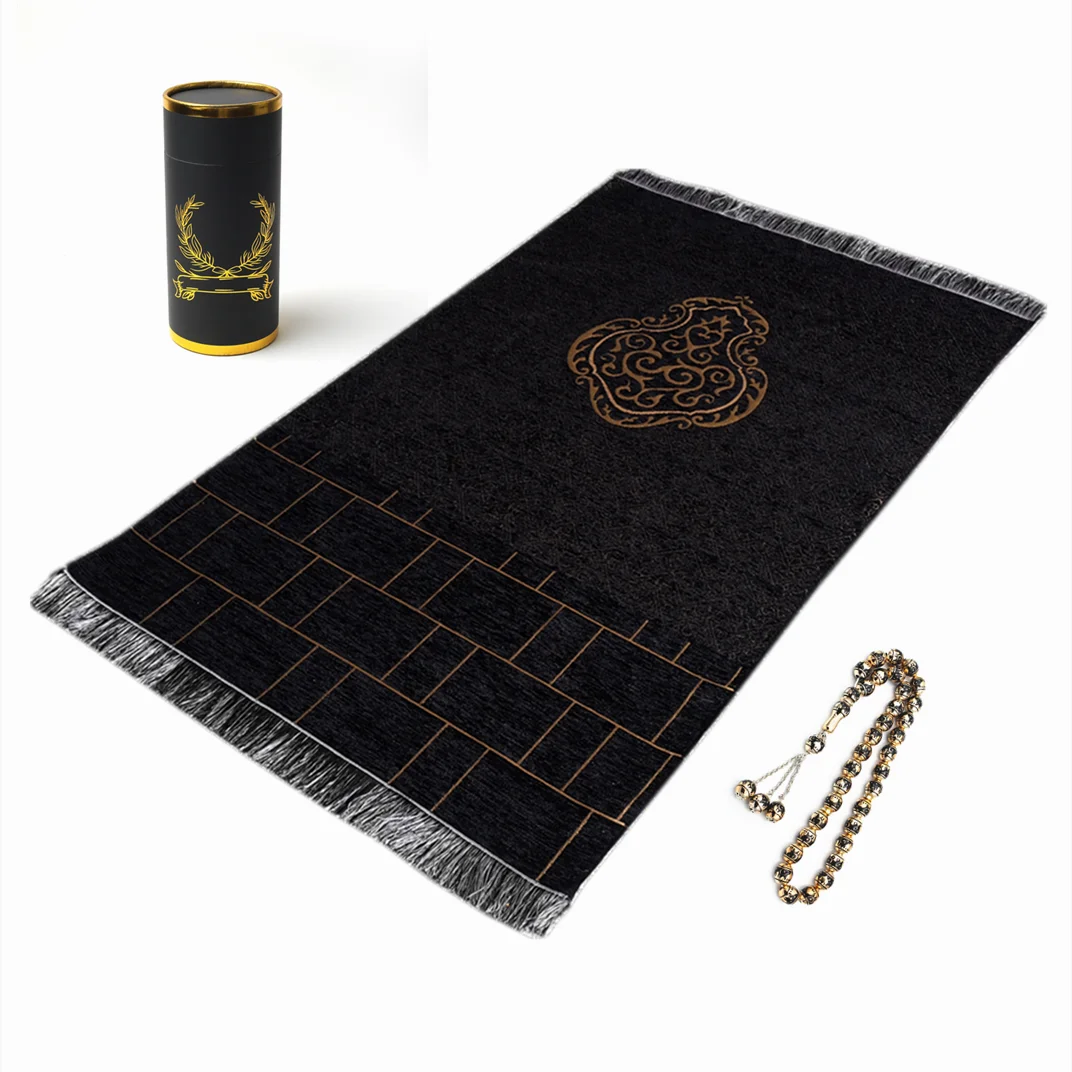 Alfombrilla de oración musulmana portátil lavable de Estilo negro de chenilla, juegos de regalo, 70 × 110CM