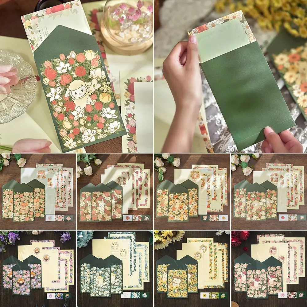 

Multicolor Letter Stationery Floral Pattern Cartoon Animal Card Envelope Set Variety Designs Gift Writing Paper with Envelopes