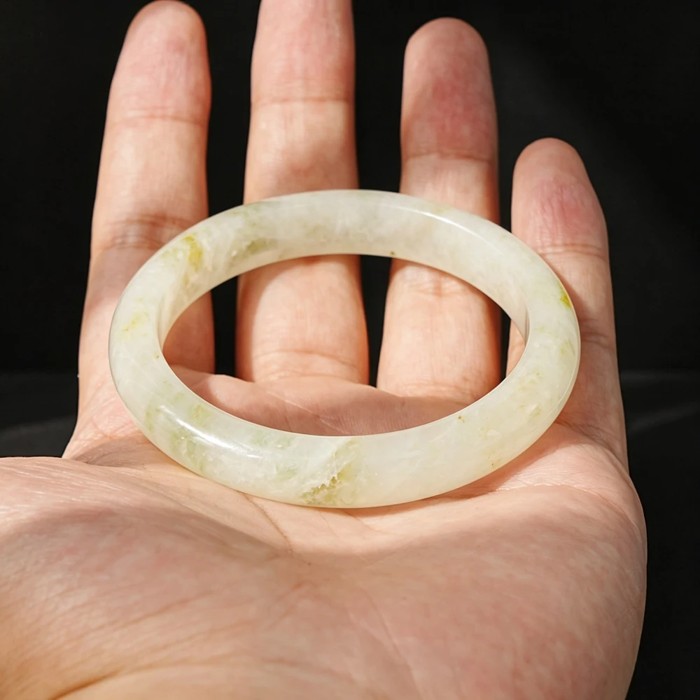 NATURAL LEMON QUARTZ BANGLE BRACELET 59MM AAA GRADE ROUND SMOOTH POLISHED GEMSTONE WITH CREAMY WHITE BASE GREEN MARKINGS