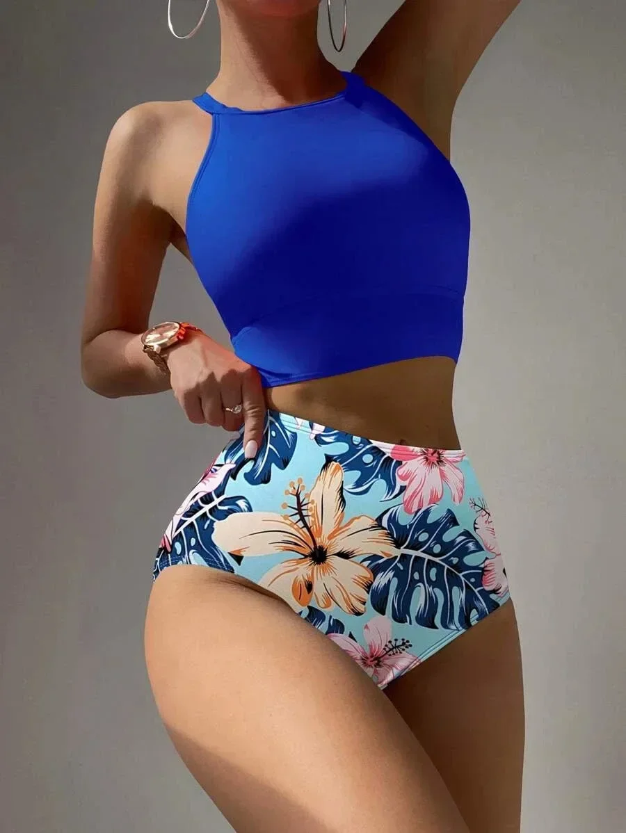 2024 Bikinis de cintura alta para mujer, traje de baño de cuello alto, traje de baño Floral, bañadores femeninos, traje de baño, ropa de playa de verano