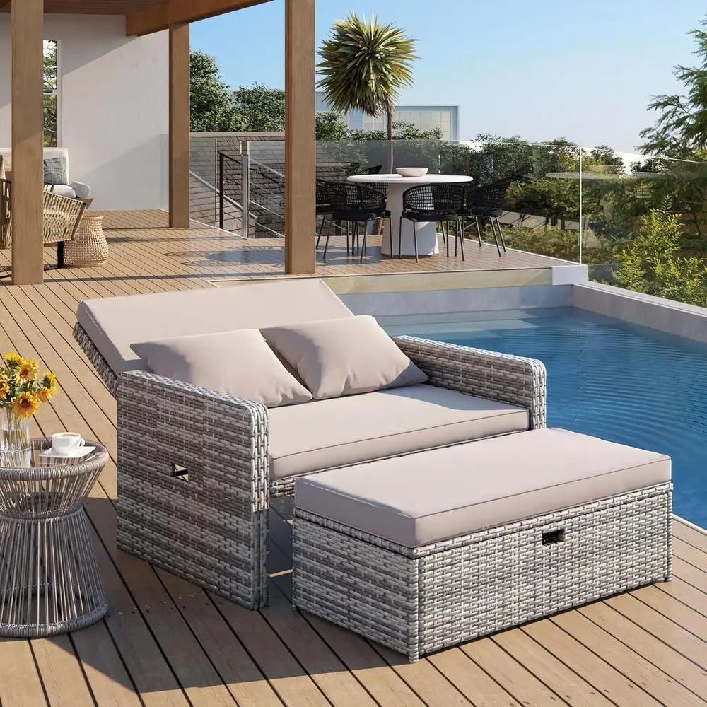

Outdoor Daybed with Storage Ottoman, 4-Position Backrest, Cushions, Grey