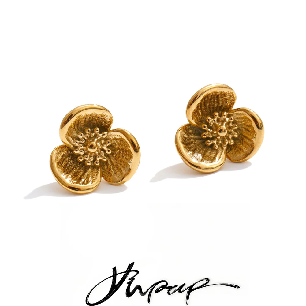 Yhpup Stainless Steel Metal Flower Small Stud Earrings Waterproof Gold Color PVD Plated Popular Daily Summer Jewelry