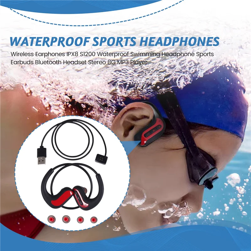 

ABZW Wireless Earphones IPX8 S1200 Waterproof Swimming Headphone Sports Earbuds Bluetooth Headset Stereo 8G MP3 Player